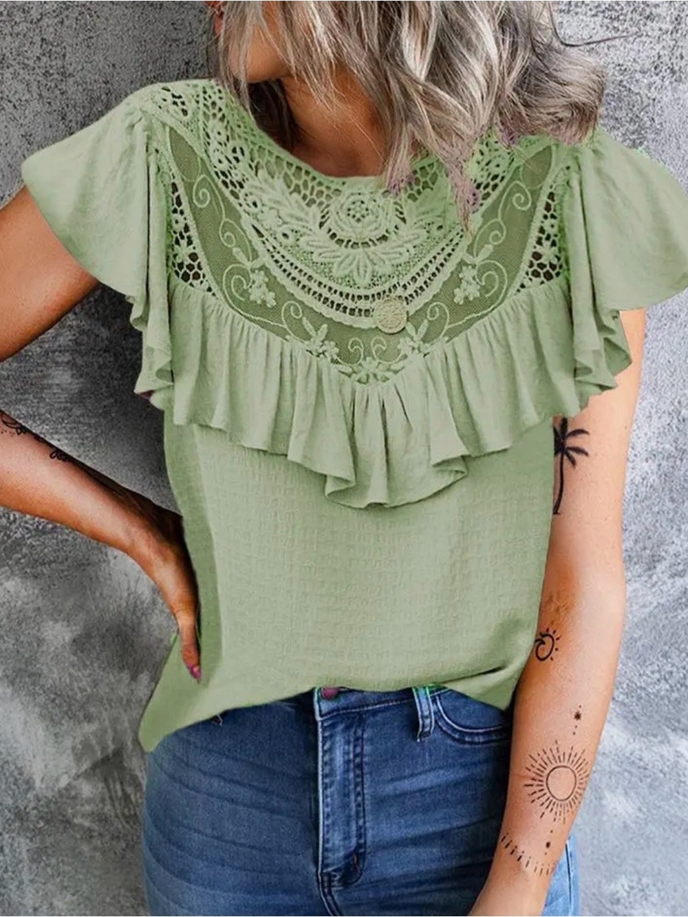 Embroidered Lace Yoke Ruffle Blouse - Sage Green